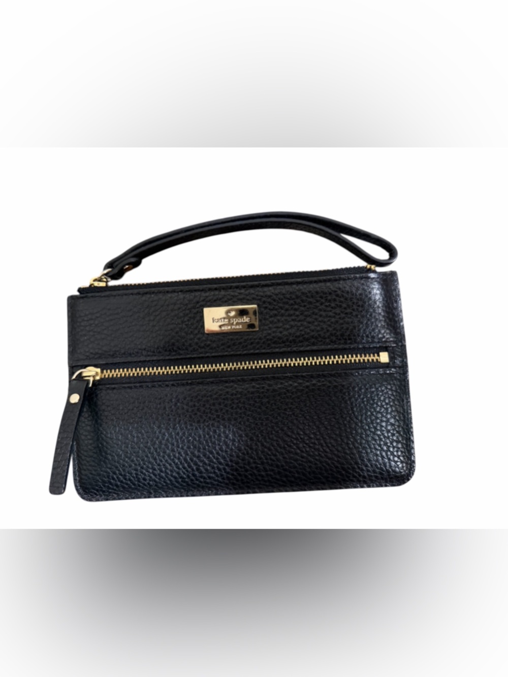 kate spade Black Pebbled Leather Zip Wristlet with Gold Hardware